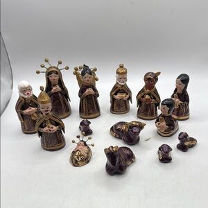 Vtg Tonala Mexican Painted Nativity Figurine Set 14 Purple Christmas Collectible